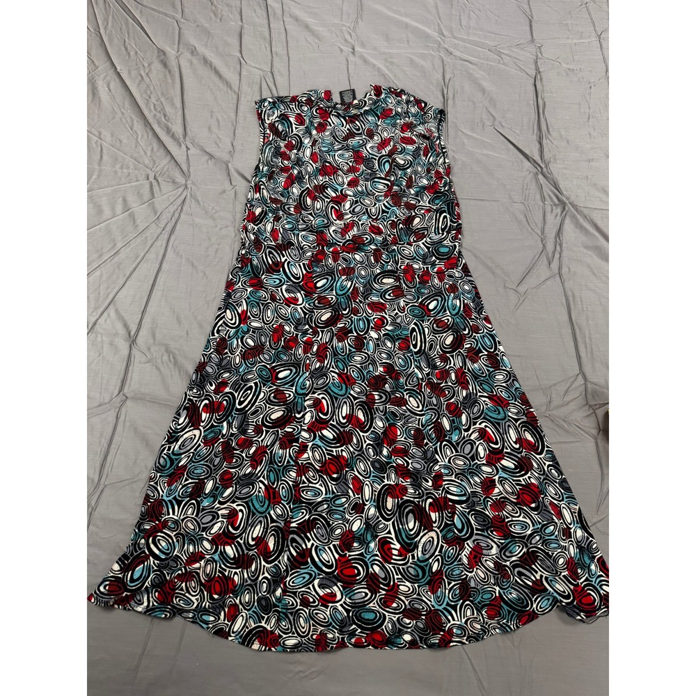 George Stretch Sleeveless Midi Dress Red Blue Geometric Print Size L 12/14 - Picture 2 of 5